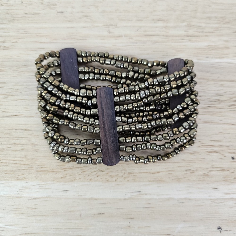 Wood Bracelet Cuff Free Size Boho Hippie Multi Strand‎ Stretch Bangle Brown